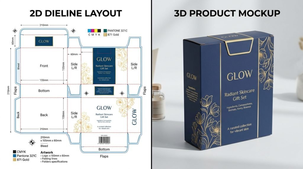 2d dieline layout vs 3d product mockup